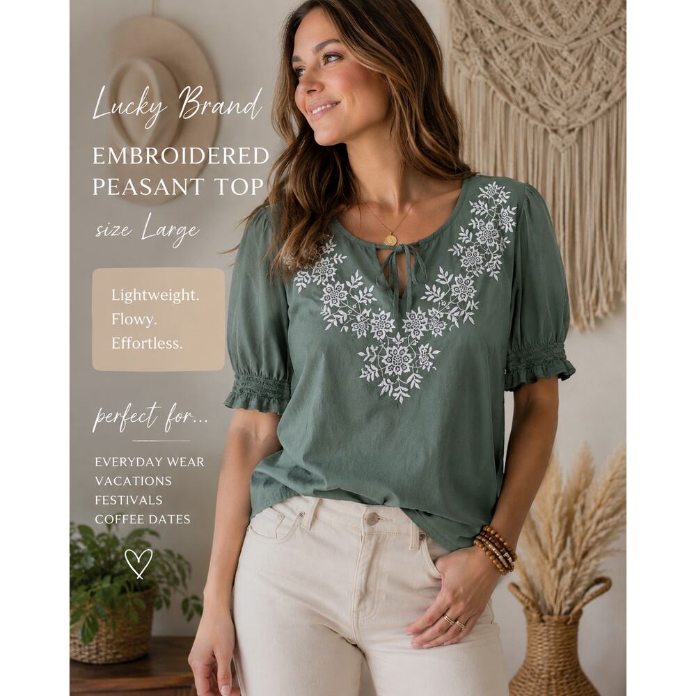 Lucky Brand Peasant Top Large Sage Green Embroidered Boho Cottagecore Prairie